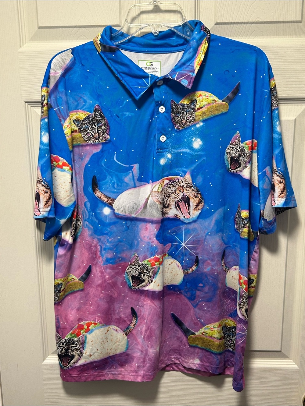 Obnoxious Golf Polo Shirt Mens L Cat Burito Taco AOP Print Golf Stretch